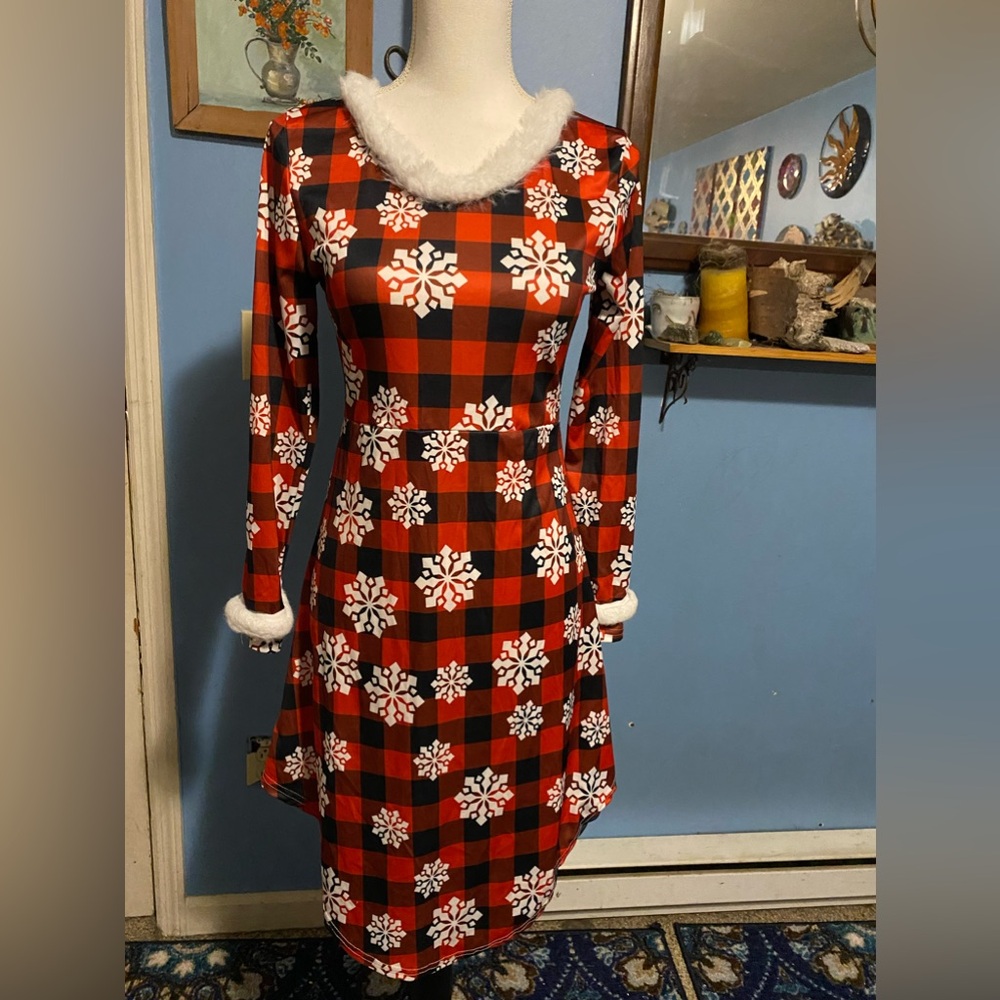 Plaid, Long Sleeve, Snowflake, Christmas Dress